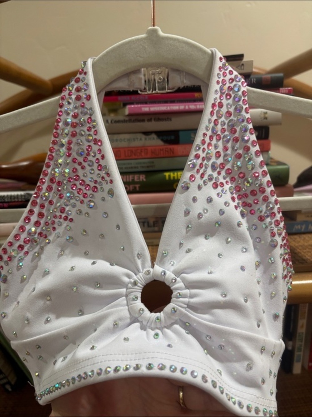 Custom Girls White Halter Dance Top with Pink & Iridescent Rhinestones